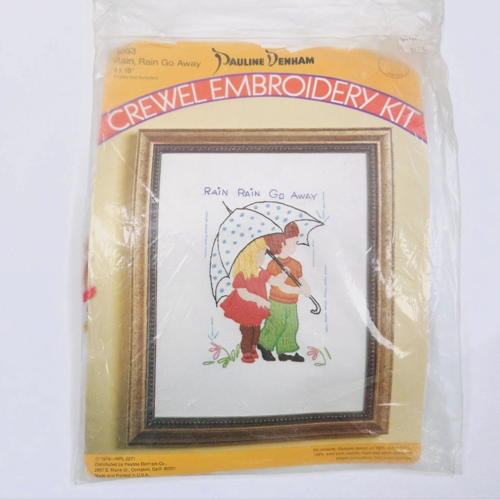 Vintage '74 Pauline Denham Crewel Embroidery Kit 100% Wool Rain Go Away USA